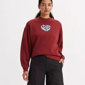 Levi's Heart Sparkle Taped Crewneck Sweatshirt Baggy Oversized Red Super Soft
